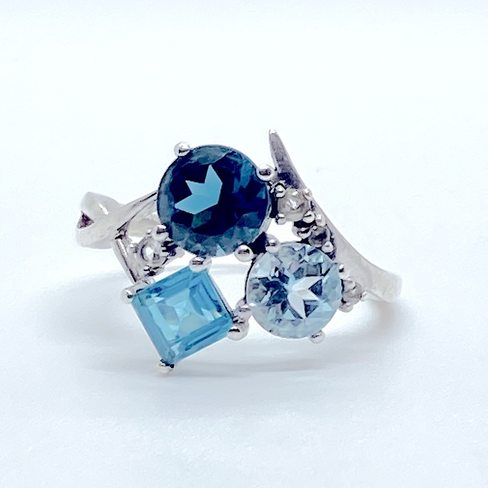 Vtg Sterling Topaz & Diamond Gemstone Cluster 925 Silver Ring | Sz 8.25 - Picture 2 of 16